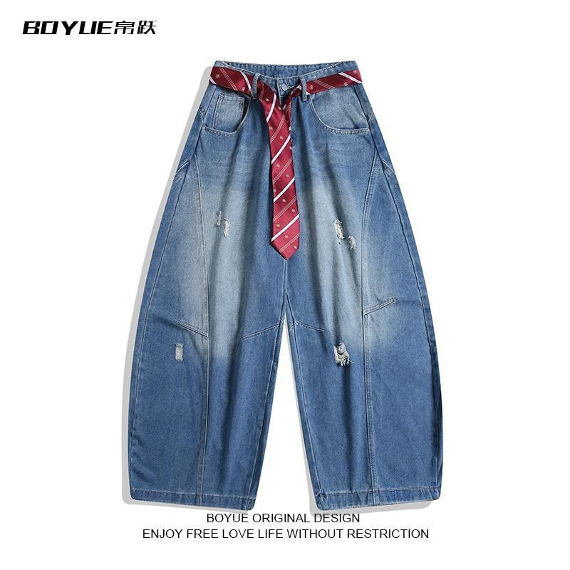 3D Textured Pleated Bootcut Jeans Men Women Streetwear Washed Distressed Casual Pants