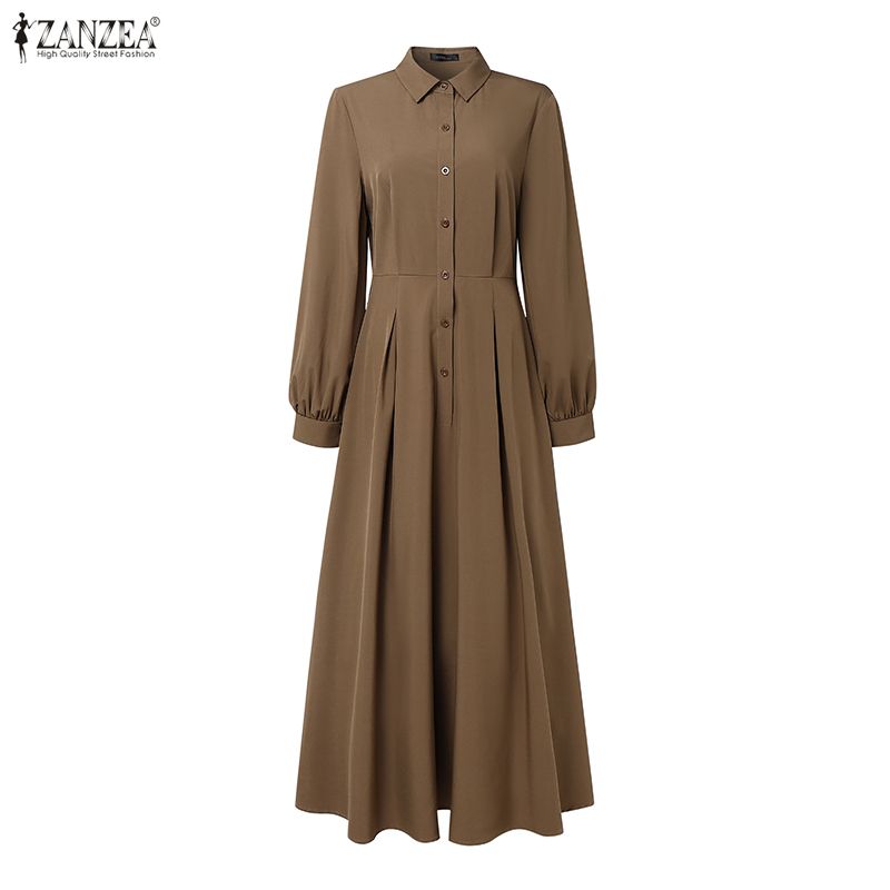 ZANZEA Rochie Lungă Elegantă Casual pentru Femei cu Guler Revers și Mâneci Lungi