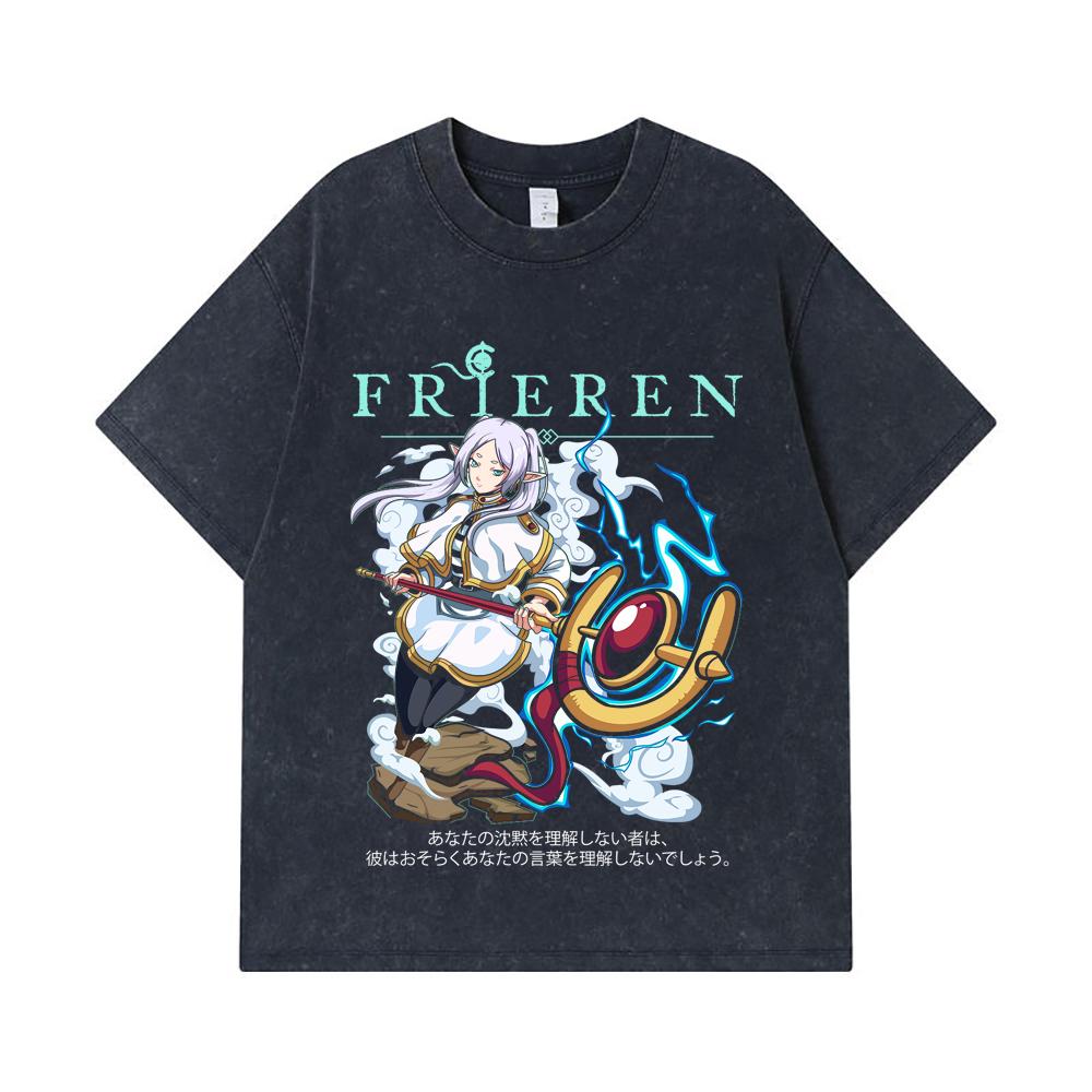 275 GSM Washed T-shirts 100% Cotton Frieren V5 Print Unisex Heavy Cotton T Shirt