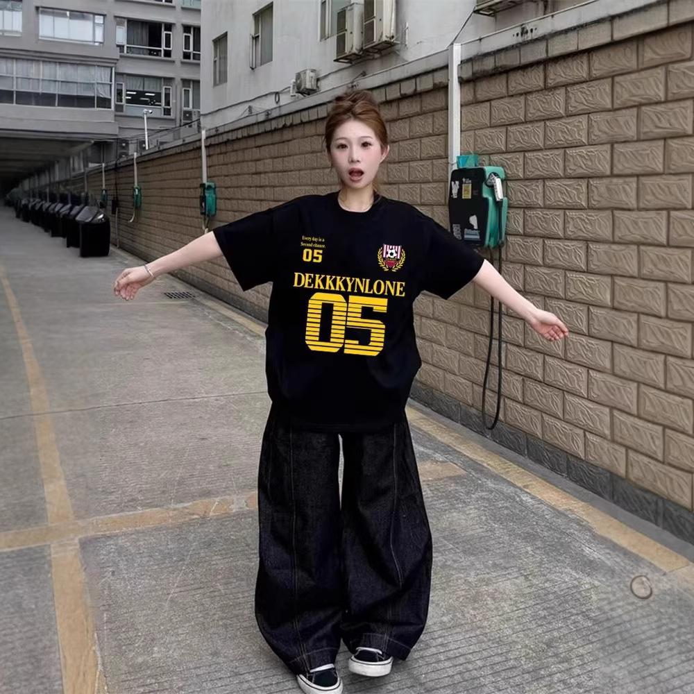Black Cotton Short-sleeved T-shirt Women's Summer American High Street Trendy Brand Loose Large Size Fat Mm Half-sleeved Design Top