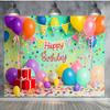 Geburtstagsballons, Banner, Geschenke, Vinyl-Hintergrund mit Konfetti, Sternen, Elementen, Abendparty-Dekoration, Fotohintergrund