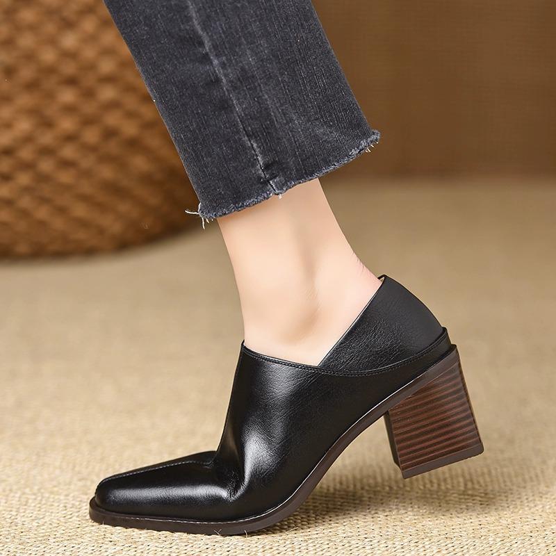 French retro square head deep mouth single shoes thick sole waterproof table fashion leather shoes casual versatile elegant temperament high heels