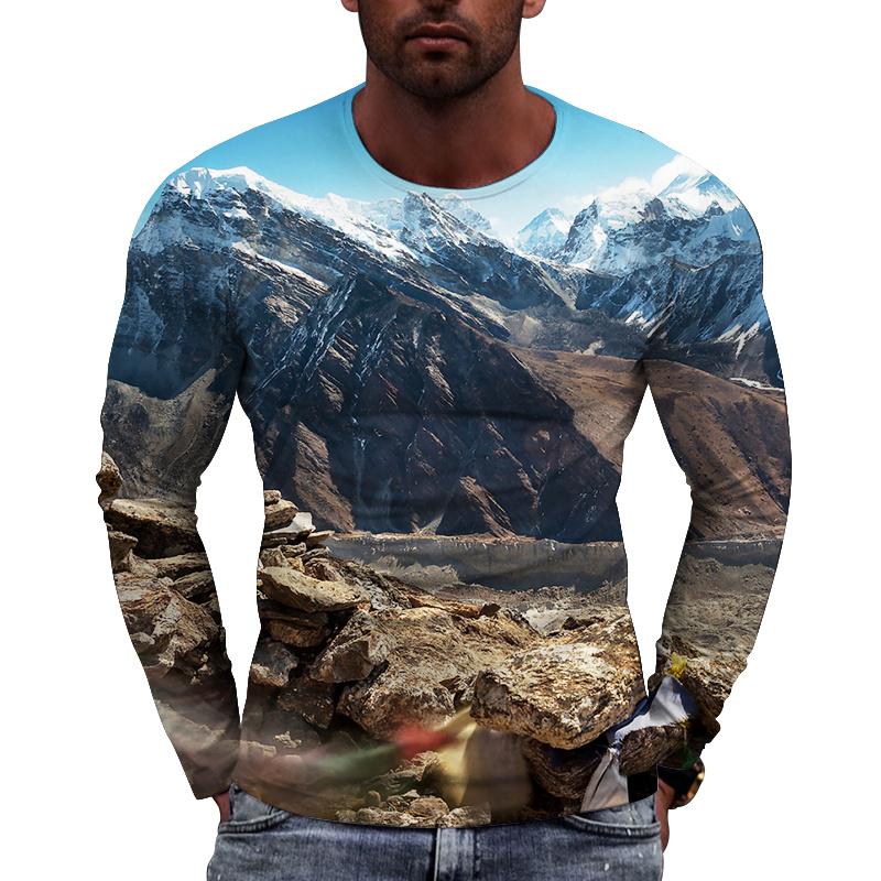 

Мужские футболки с рисунком снежных гор, пейзажные футболки с 3D-принтом, летние повседневные футболки с длинным рукавом и круглым вырезом, свободные топы 5XL