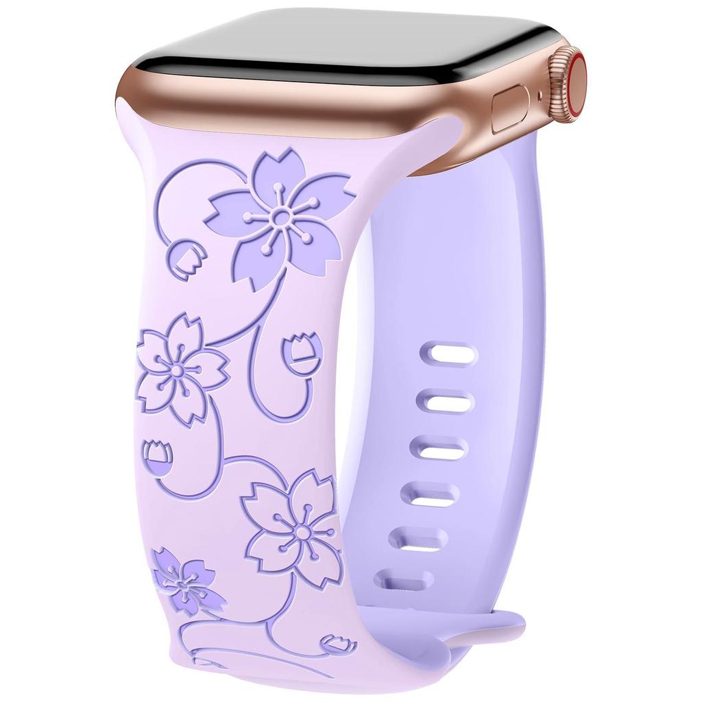 Compatible with Apple Watch: Laser Engraved Two-Color Floral Butterfly Silicone Strap with 3D Design