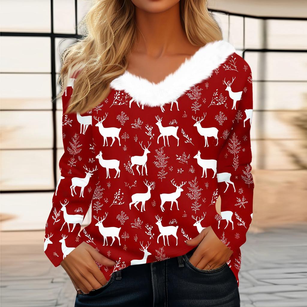 Women's T Shirt Tee Christmas Print Shirt Long Sleeve Party Christmas Fleece Collar V Neck  Top