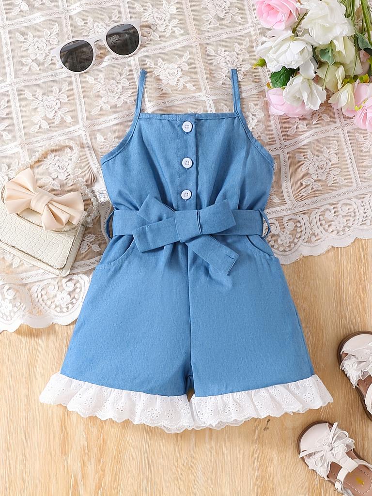 Summer children's 3-7 years old one-piece dress with strapless lace edges and bow buttons - denim girls' one-piece casual fashion children's pants