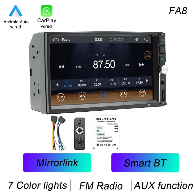 

BQCC 7 2Din Car MP5 Player AUX BT Mirrorlink Colorful lights USB FM Radio Wired Android AUTO/CarPlay Car Stereo FA8