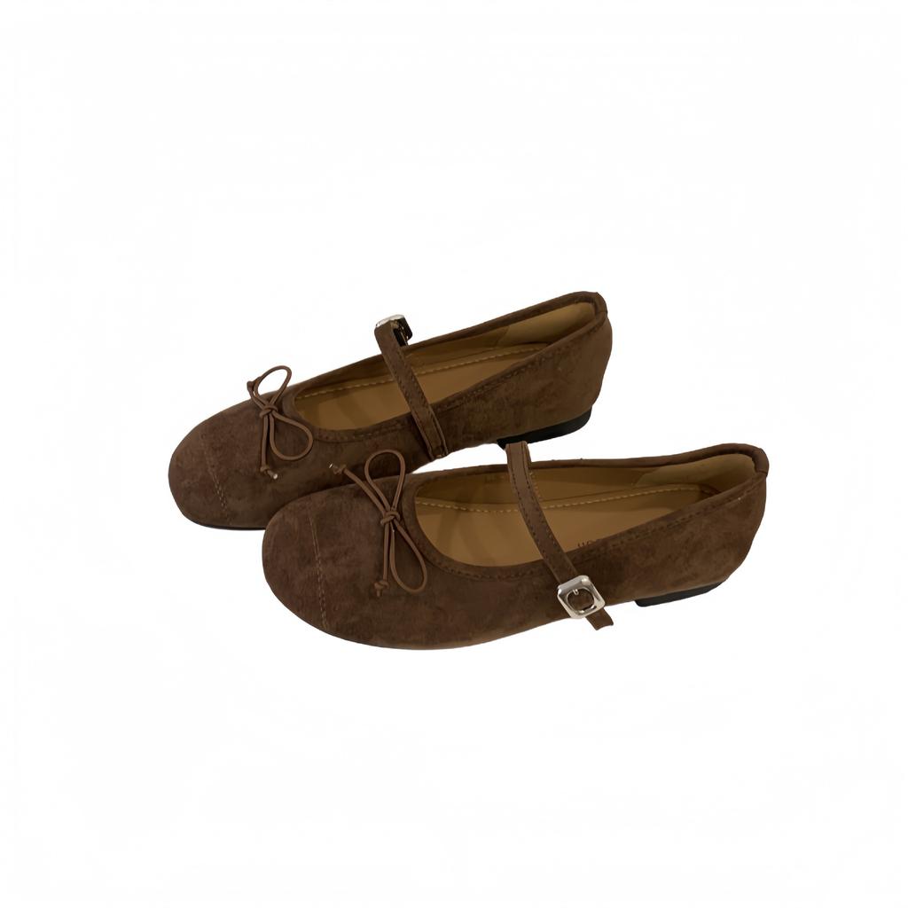 THEDOUDOU Vintage suede leopard print round head bow Mary Jane shoes autumn and winter soft-soled ballet single shoes women