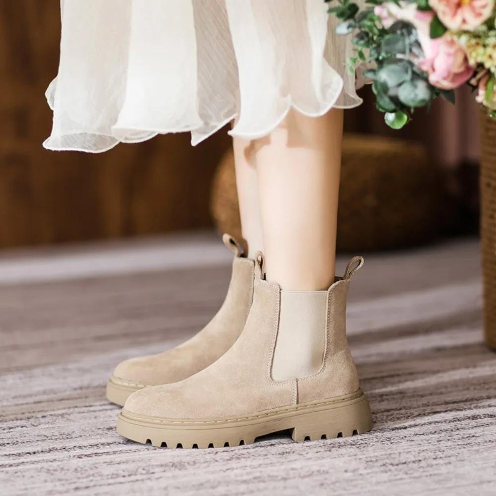 Short Boots for Women 2025 New Matte Leather Women's Shoes British Style Womens Boots Mid Heel Flats Short Boot Platform Shoes