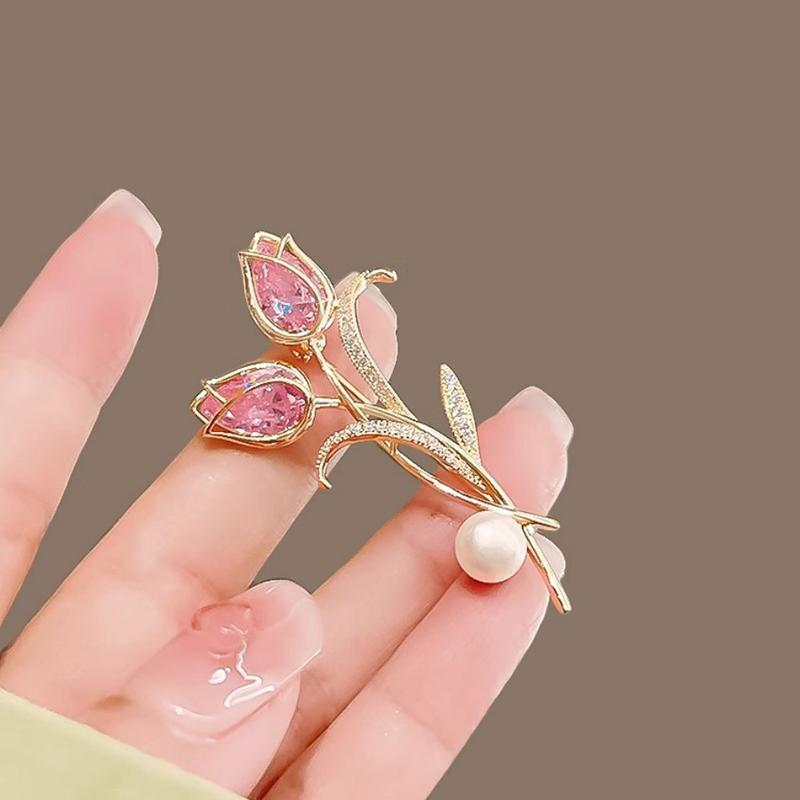 Zircon Tulip Flower Pearl Brooches For Women Sweet  Floral Lapel Pins Banquet Party Clothes Corsage Jewelry Gift