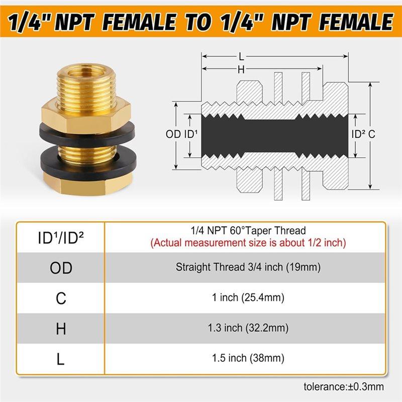 Solid Brass Bulkhead Fittings(2-Pack), 1/4 NPT Taper Female, 3/4" Straight Male Thread Water Tank Connectors