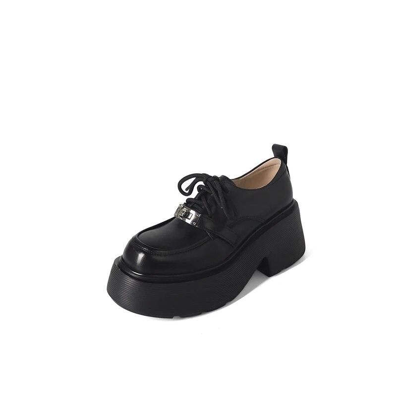 

Жіночі туфлі-човники з натуральної шкіри Meotina, круглий носок, платформа, товстий високий каблук, шнурівка, м’ясні прикраси, жіноче модне взуття, весна-осінь 39 чорний