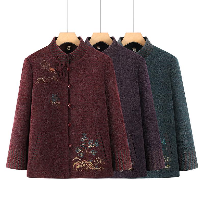 Embroidered Stand-Collar Tang Suit Top for Middle-Aged and Elderly Women, Plush-Lined Jacket for Spring, Autumn, and Winter.