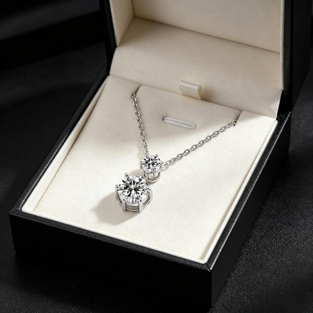 925 Sterling Silver Double Round Moissanite Pendant Necklace Clear CZ Diamond Chain for Women Wedding Jewelry