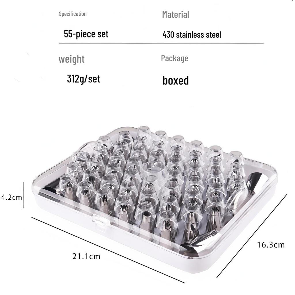 55-Piece Stainless Steel Piping Tip Set for Cakes - Various Shapes