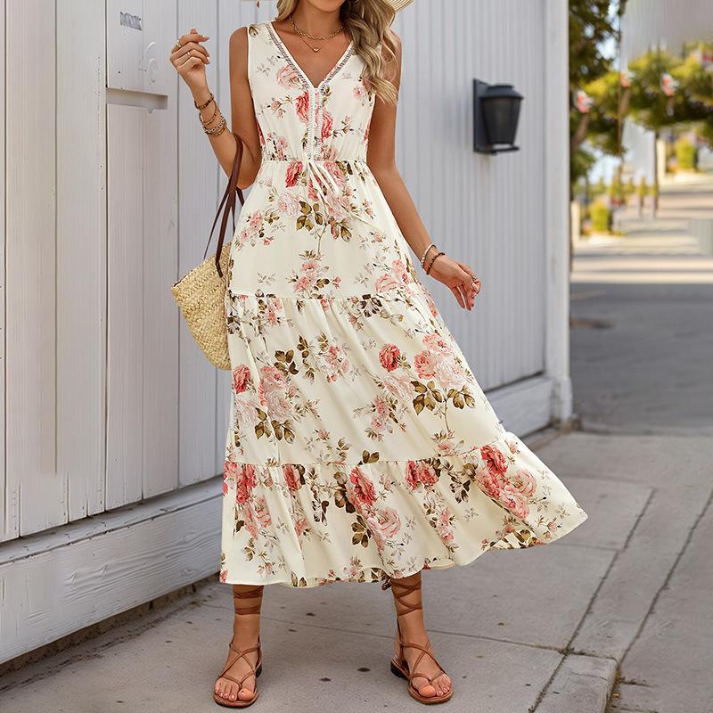 Long dress summer new European and American women s clothing printed sleeveless dress S