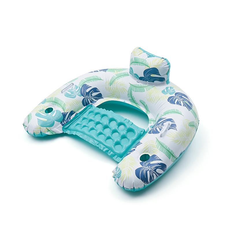 Inflatable Pool Chair U Shaped Pool Float Lounge Blue Tropical Leaf Water Chair with Cup Holders 1pc 95x80cm