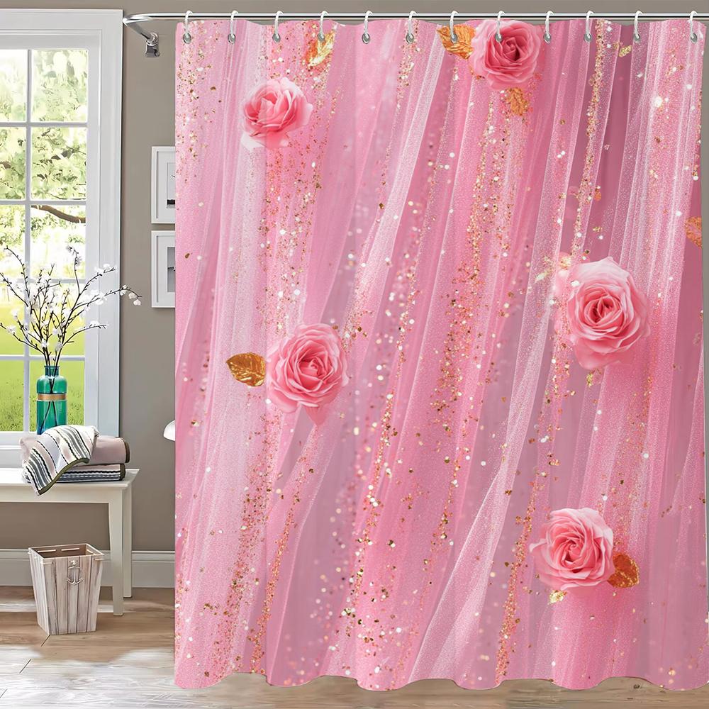 Pink Flower Shower Curtain For Women Bridal Wedding, Pink Flowers Romantic Suitable For Girls Hanging Curtain With Hooks