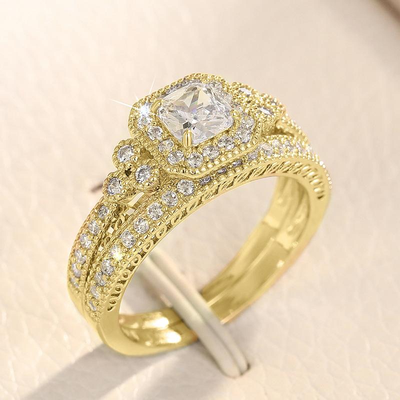 Huitan Fashion 2Pcs Set of Rings for Women Double Layer Stackable Fashion Jewelry Trendy Cubic Zirconia Stone Finger Accessories