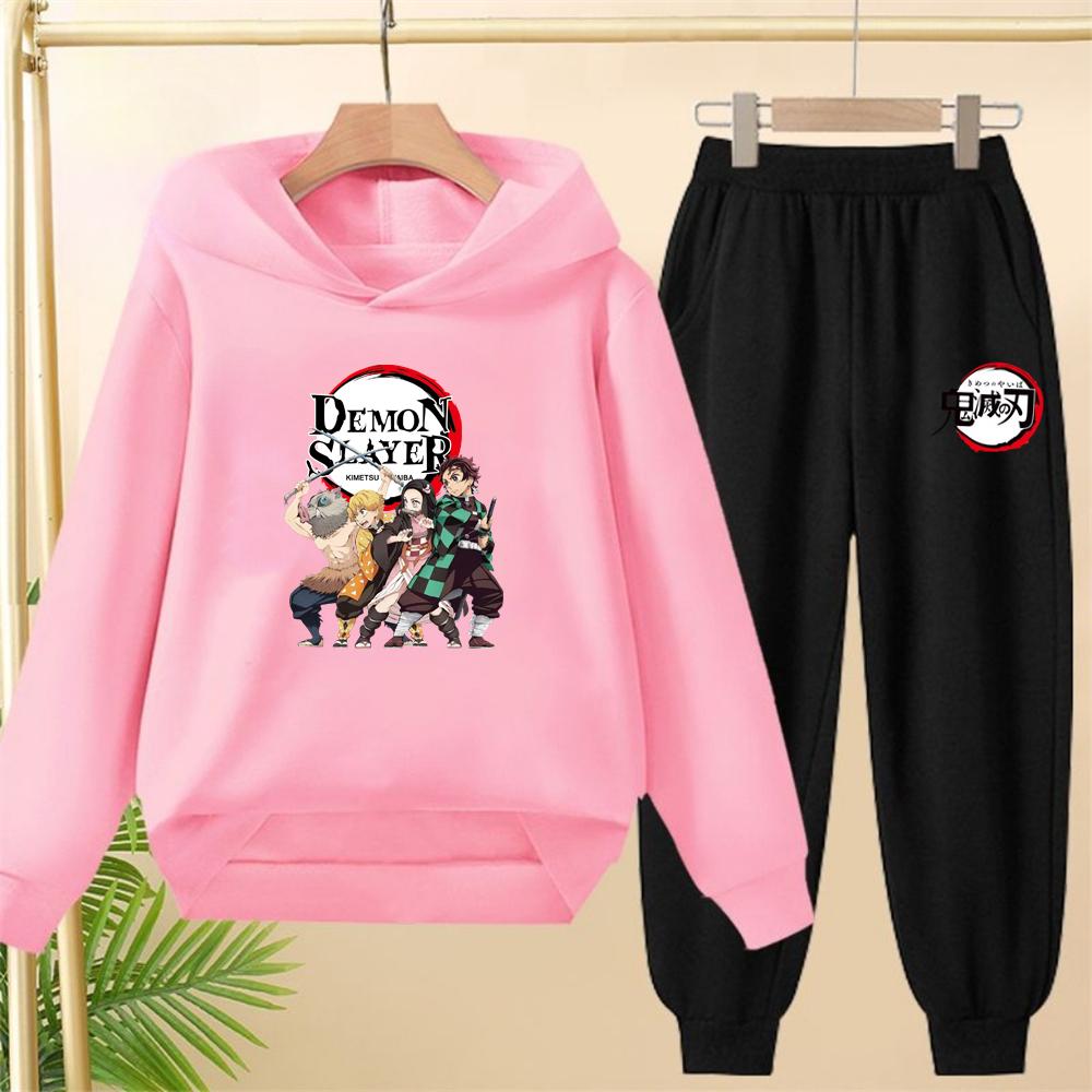 children's Hoodie Anime Demon Slayer Suitable hooded sweatshirt outerwear pants set autumn clothing for