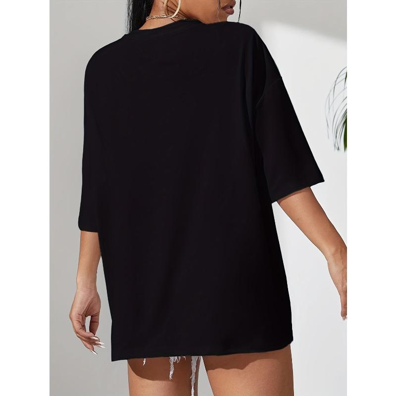 European and American Fast Fashion Black Casual Letter Print T-Shirt Simple Round Neck Short Sleeve Loose Comfortable Top