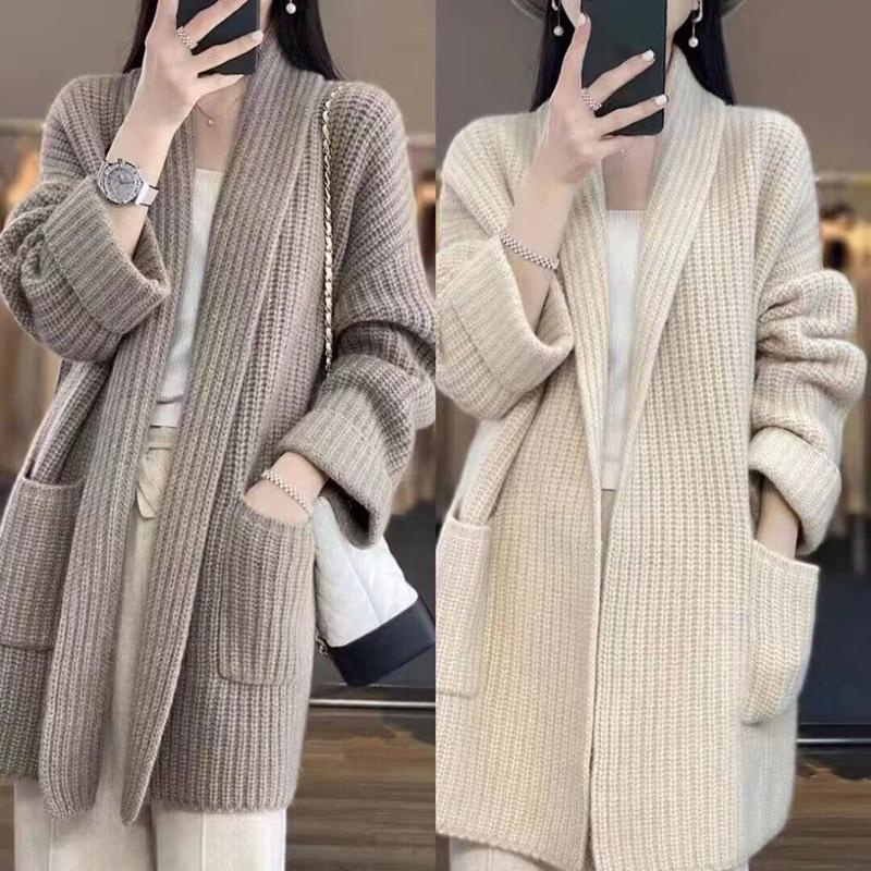 Autunno e inverno versione coreana maglione lungo medio scollo a V cappotto da donna snellente stile pigro cardigan lavorato a maglia