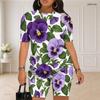 Women Plus Size Round Neck Short Sleeve White Lemon Printed Two Piece Shorts Set