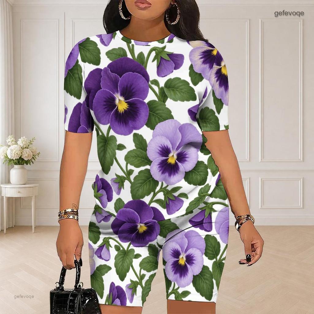 Women Plus Size Round Neck Short Sleeve White Lemon Printed Two Piece Shorts Set