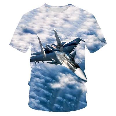 Letnia męska koszulka z krótkim rękawem i kołnierzykiem typu O-Collar z nadrukiem 3D Sky Plane Fighter Pattern Stylowa luźna, wygodna koszulka w dużym rozmiarze