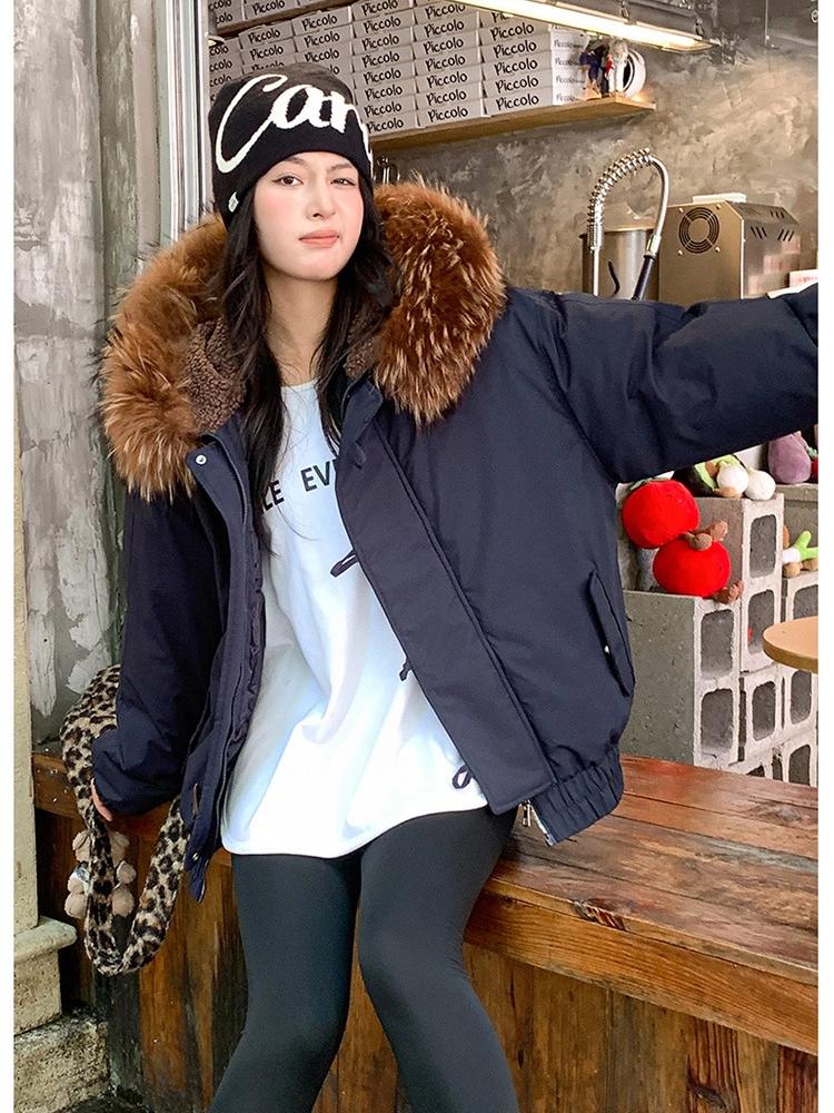 Women’s Short Windproof Thicken Warm Winter Jacket With Big Fur Lapel