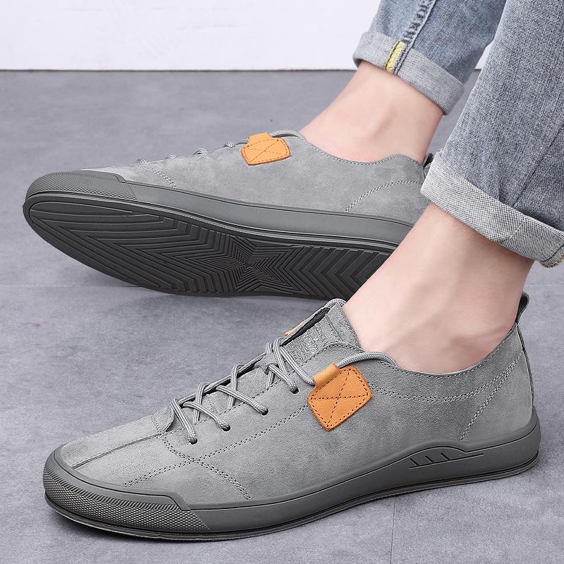 Fashion New Soft-Soled Mens Vulcanized Shoes Suede Leather Men Sneakers Fashion Lace-up Solid Shoes Rubber Flats Spring Man Casual Shoes