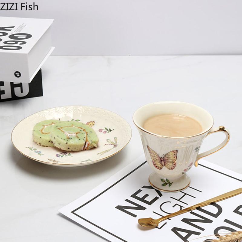 Butterfly Pattern Gold-plated Ceramic Cup&saucer Dining Table Coffee Cup Milk Mugs Afternoon Tea Teacup Fruit Juice Container
