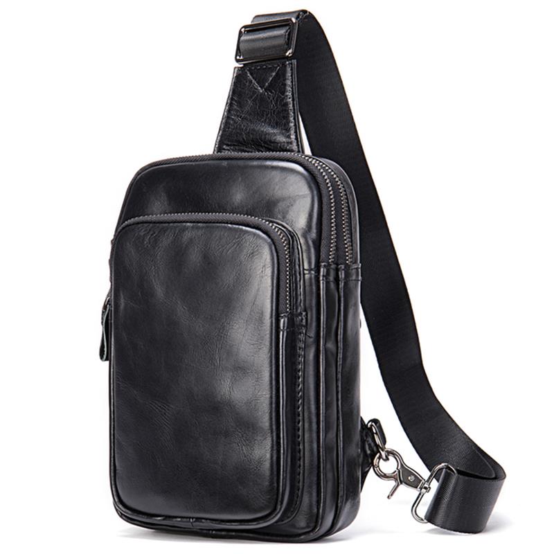Mans 100% Genuine Leather Sling Bag Men Messenger Bags for Men Black Chest Bags for Phone Casual Sport Shoulder Bag