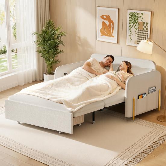 Convertible Sleeper Sofa 3-In-1 Bed, Boucle Loveseat with Put Out Bed And Drawer, Couch Love Seat Side Pockets, 2 Pillows, USB Ports Gold Metal Legs,
