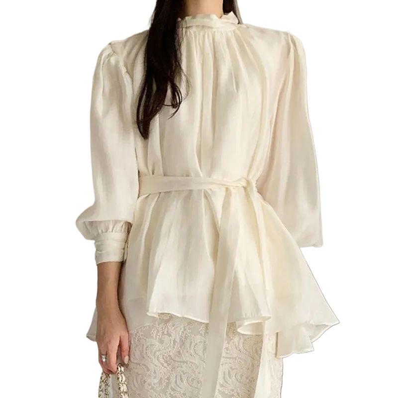 Women's French Style Ruched Long-Sleeve Waist-Slimming Blouse, Spring/Autumn 2025 Trend