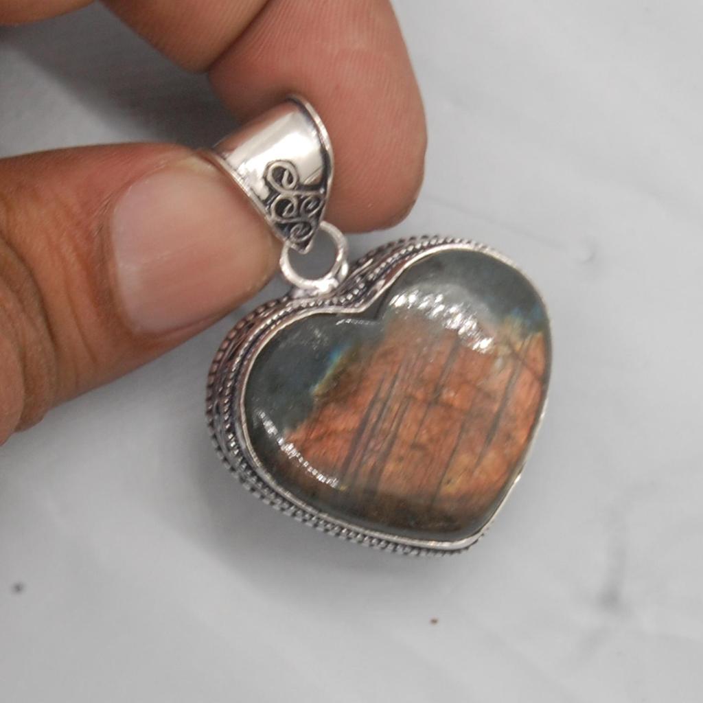 Heart Shape Red Blue Labradorite 925 Sterling Silver Pendant, Boho Style Labradorite Pendant Jewelry