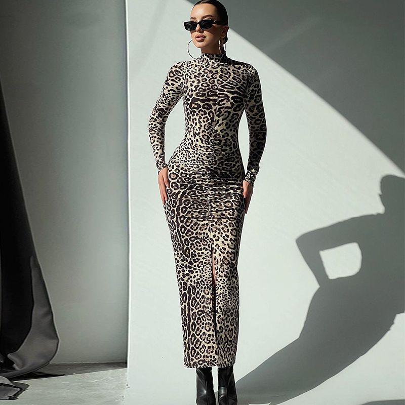 

Street Fashion Fancy Leopard Print Print Dress Pleated Waist Tight Slim Looking Slit Design Long Sleeve Narrow Long Dress Leopard print L