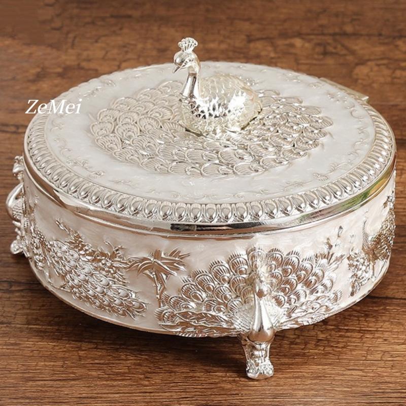 Europäischer Stil Legierung Schmuck Pfau Silber Aufbewahrungsbox, Ohrring Kreis Organizer Glas Süßigkeitenbehälter Schminktisch Dekoration
