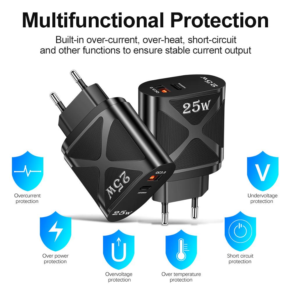 5V/9V/12V USB Travel Charger with US/EU/UK Specs, PD25W & QC3.0 Fast Charging