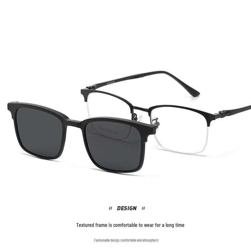 Magnetic Clip-On Sunglasses for Men - Polarized Dual-Use Myopia Half-Rim Frames for Indoor-Outdoor Driving