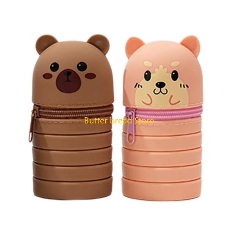 W89C 2Pcs Telescoping Pencil Case Extendable Pen Pouches Zippered Silicone Pen Bag Standing Pen Pencil Holder for Kid Student