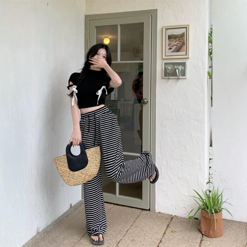 Black and White Striped Drape Casual Pants Women's Autumn Straight Trousers Lazy Wind Elastic Waist Loose Wide Leg Towel Pants