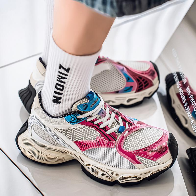 Men's contrasting color trend platform dad shoes outdoor student lace-up casual shoes four seasons fashion mesh sneakers