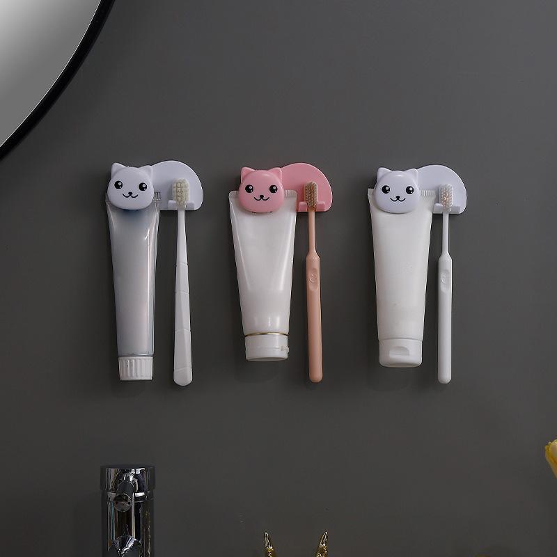 Plastic Cat Shaped Toothbrush Holder Non Perforated 2 In 1 Toothbrush Toothpaste Rack Wall Mounted Facial Cleanser Storage Clip
