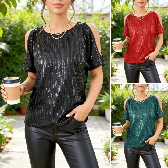 Damen Oberteile Rundhals Schulterfrei Kurzarm Pullover Tops Glänzende Pailletten Sexy Party T-Shirt Urlaubs-Date-Kleidung