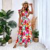V-neck Print Dress Women Sleeveless A-Line Ankle-Length High Waist S-6XL