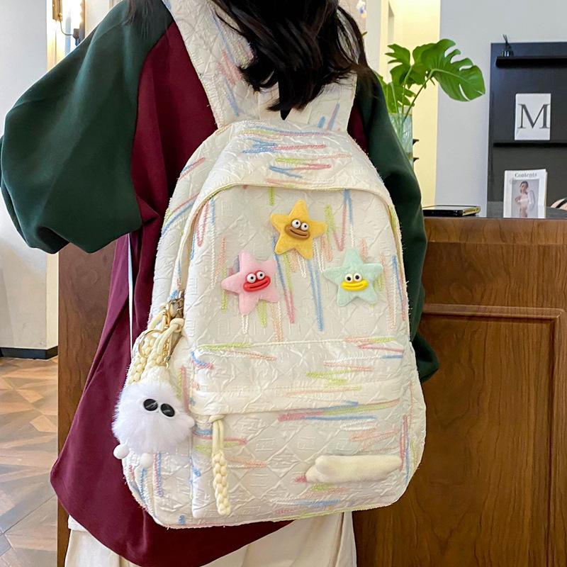 Autumn New Simple Lightweight Student Backpack Junior/high School Girl Schoolbag Cute Sweet Embroidery Striped Travel Book Bags with Cartoon Pendant