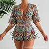 Swimsuit Beach Sunscreen Tropical Plant Printed Blouse Swimsuit Women's Three-piece Neck Bikini