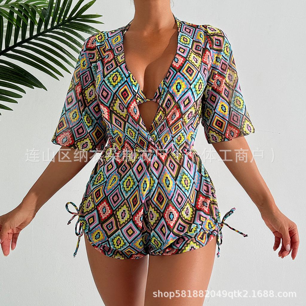Swimsuit Beach Sunscreen Tropical Plant Printed Blouse Swimsuit Women's Three-piece Neck Bikini