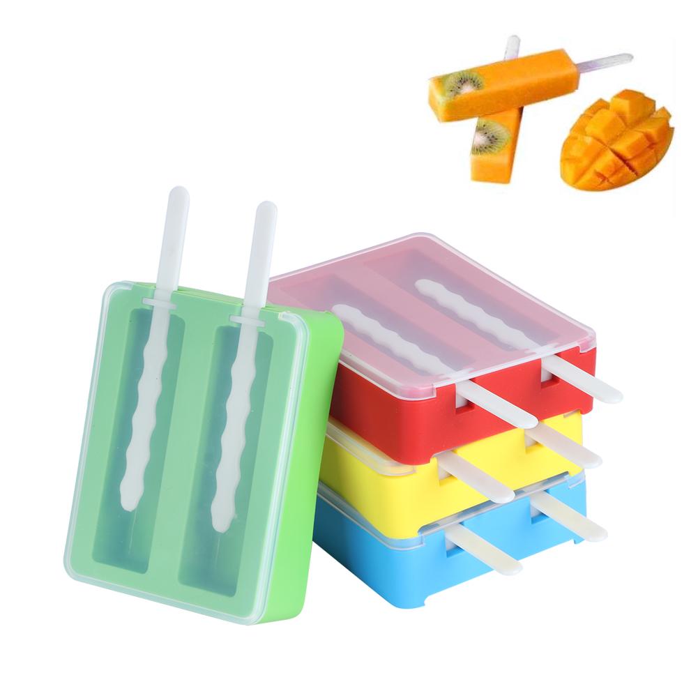 2?Grids Silicone Ice Cream Mold Mould Maker DIY Making Tool with Cover and Ice Cream Sticks